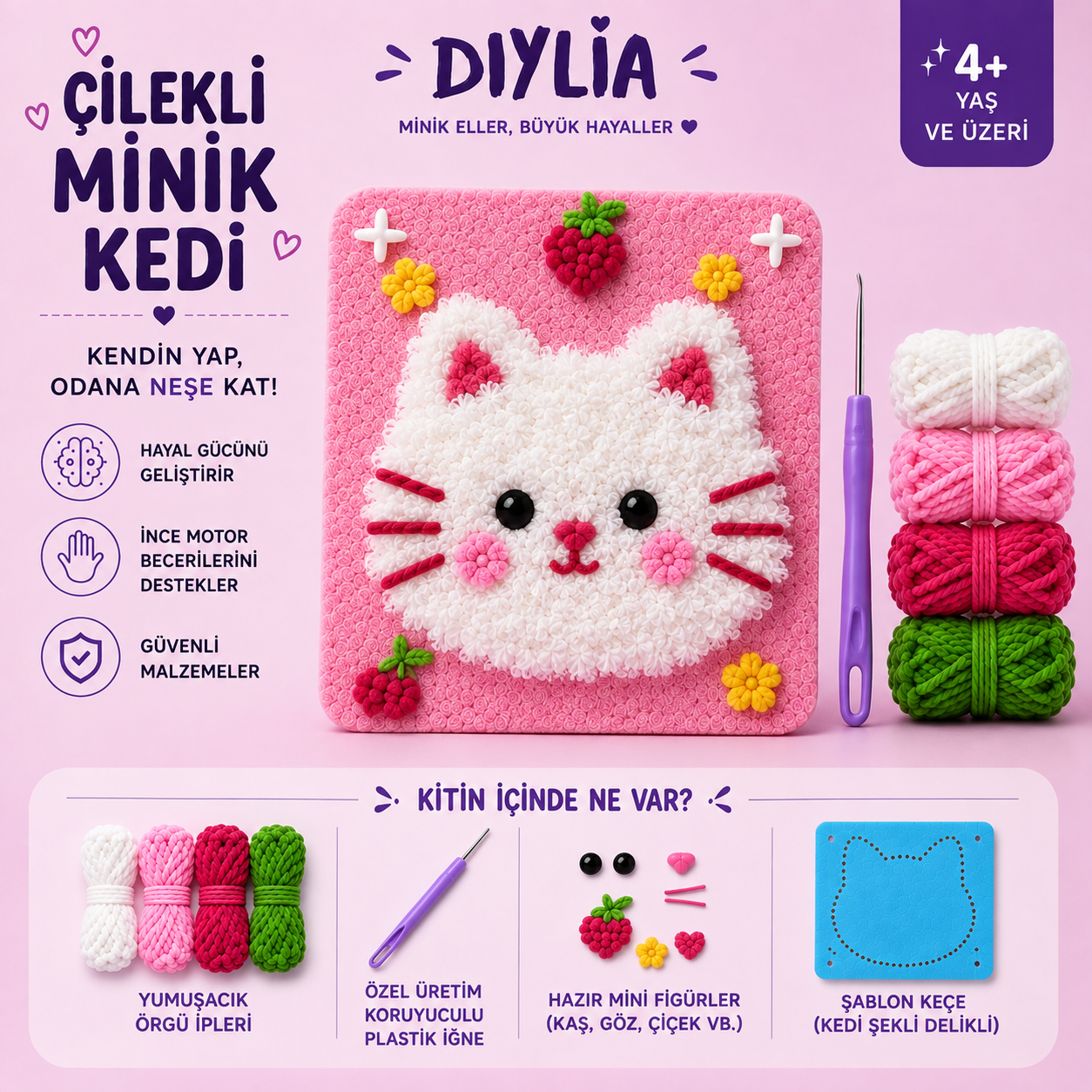 Çilekli Kedi Çocuk Örgü Kiti